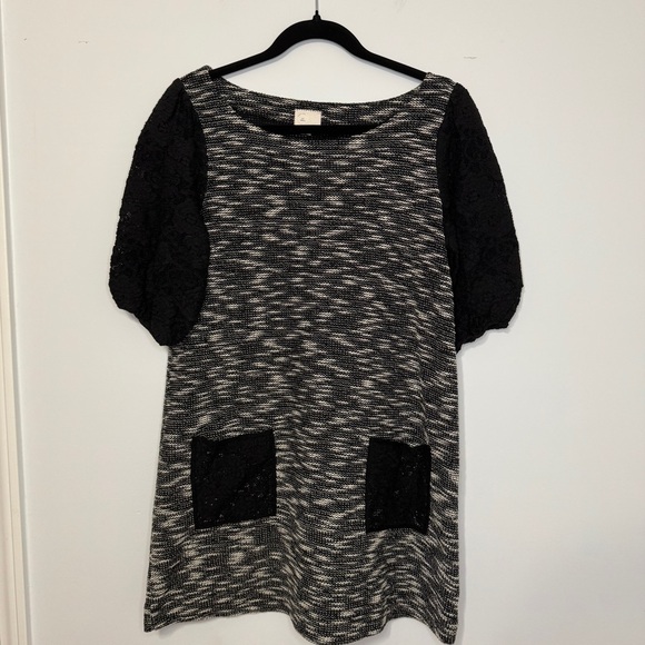 Anthropologie Dresses & Skirts - Anthropologie Sweater Dress Small Black Gray Textured Knit Puff Sleeve Pockets